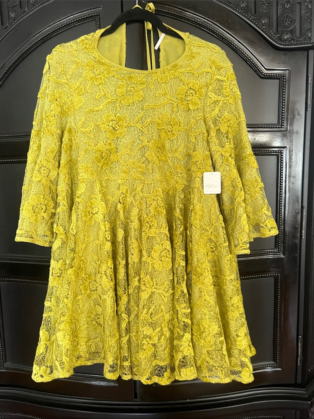 Free People citrus green lace floral swing mini  dress. Bell sleeves